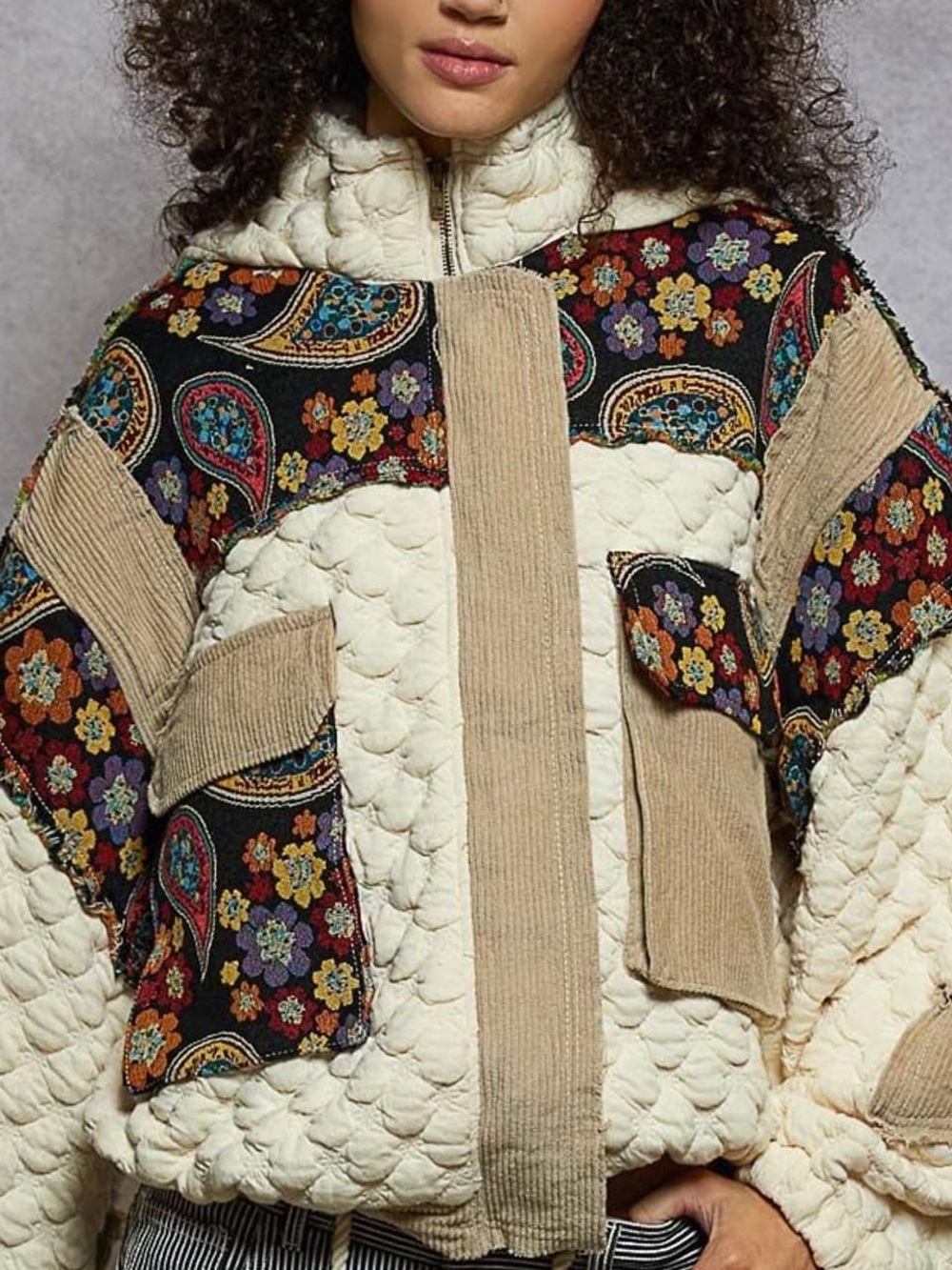 POL Cream Quilted Jacket with Paisley Patchwork and Tan Corduroy Trim